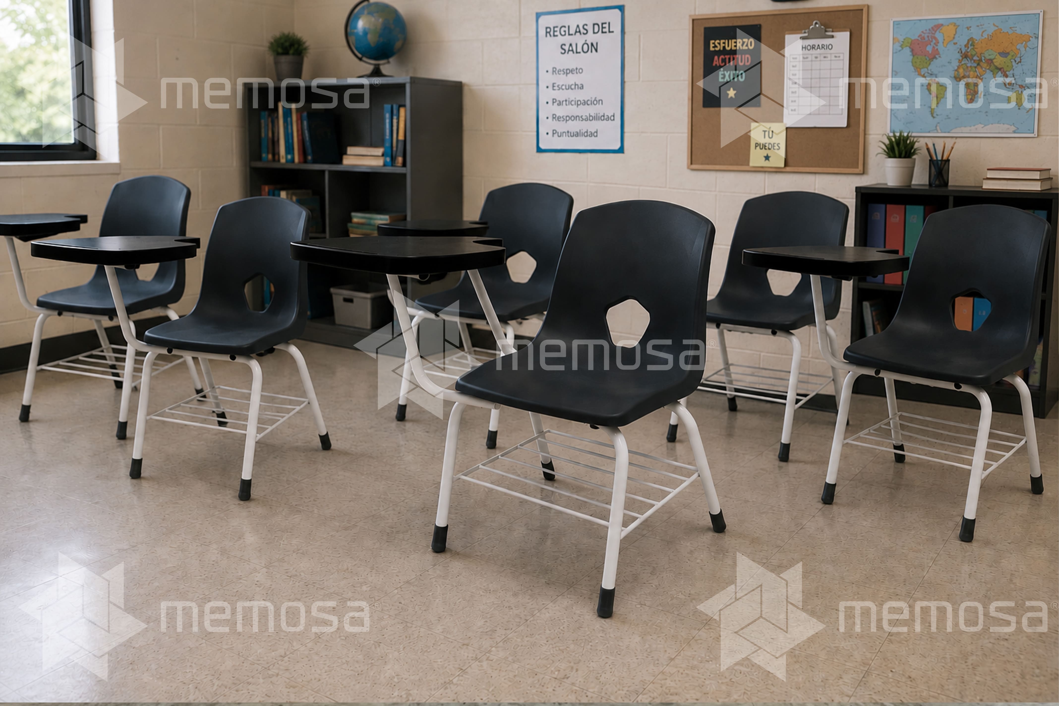 Pupitre Escolar Primaria Bravo HB de Memosa en aula de primaria baja, estructura tubular 1 pulgada, paleta de polipropileno y regatones Highboot