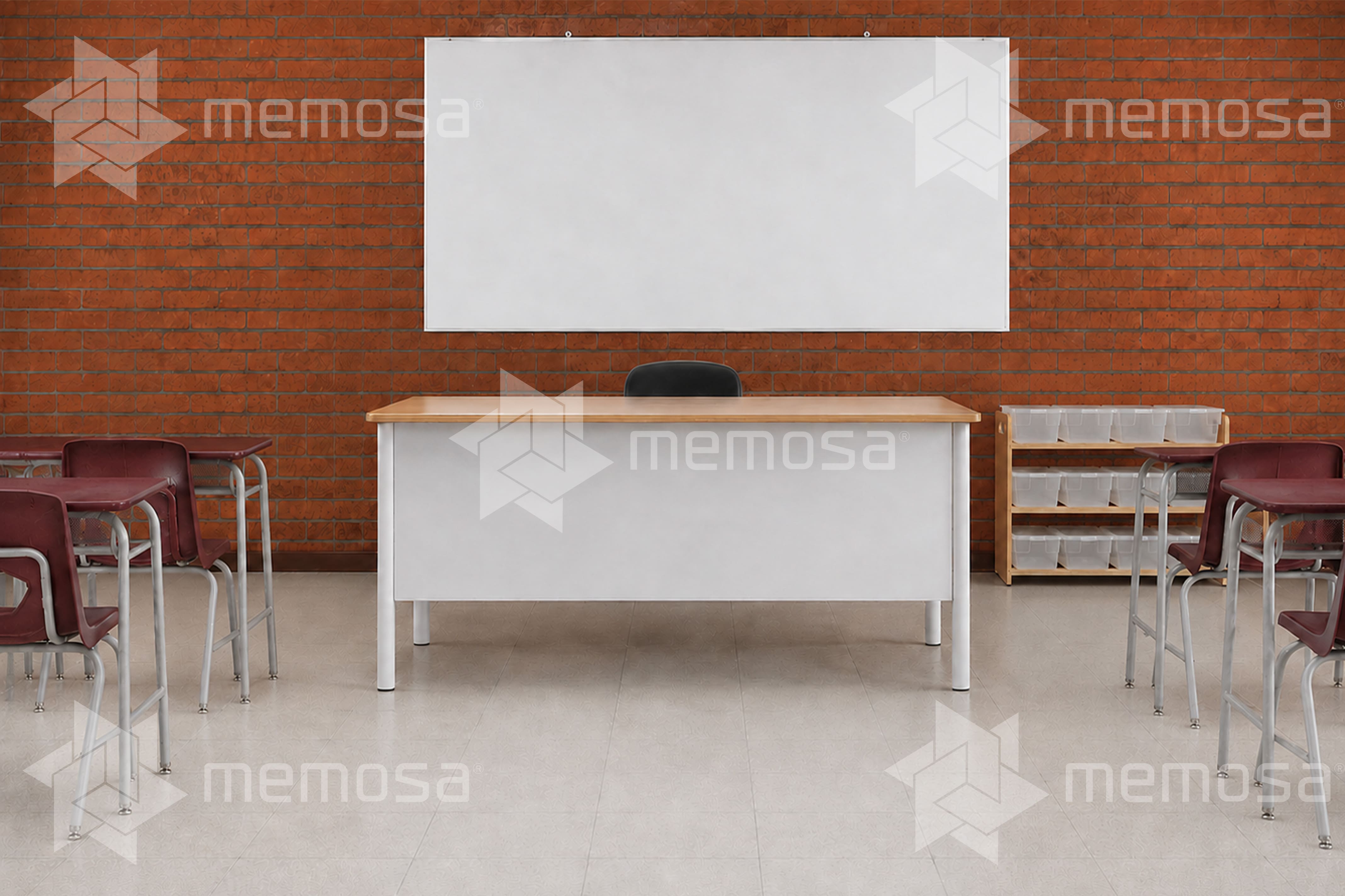 Mesa para maestro con faldón y cajón, pizarrón blanco metálico esmaltado y mueble organizador de material didáctico para aula de primaria Memosa