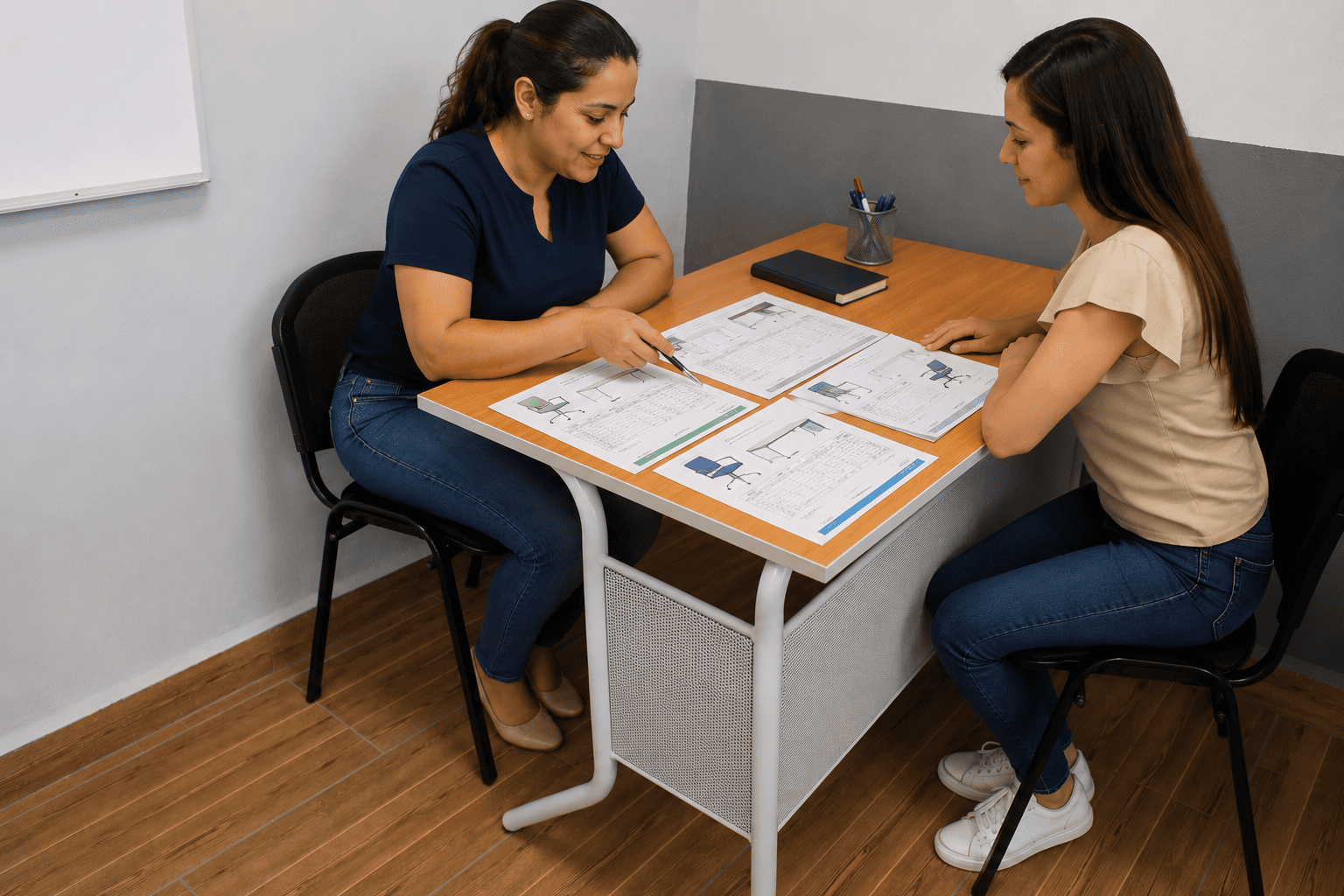 Tesorero del CEAP y director de escuela pública revisando cotizaciones de mobiliario escolar antes de hacer el pedido con el recurso del Programa La Escuela es Nuestra