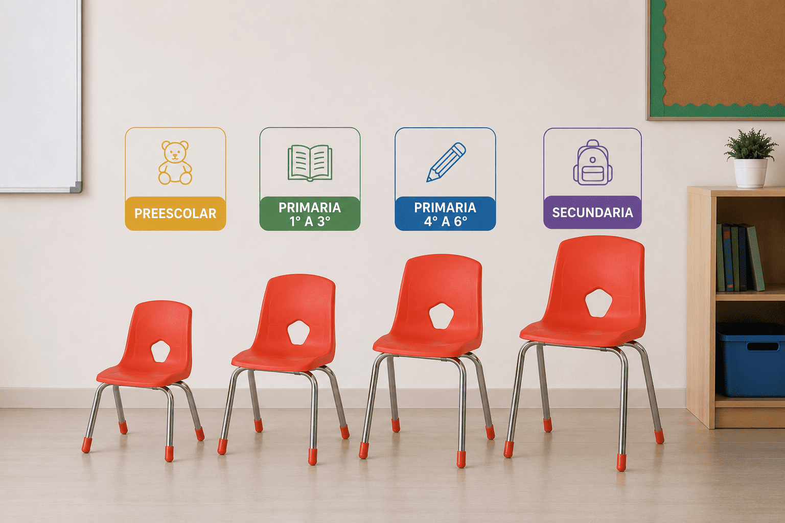 Comparación de sillas escolares por nivel educativo: preescolar, primaria y secundaria, mostrando diferencias de proporción y altura