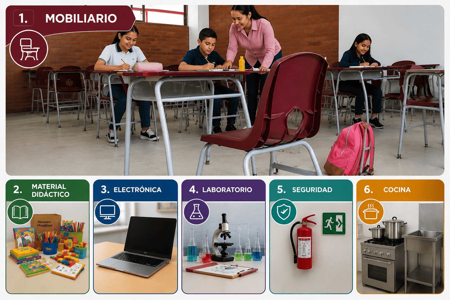 Subcategorías de equipamiento escolar permitido con recursos del programa La Escuela es Nuestra 2026: mobiliario, material didáctico, electrónica, laboratorio, seguridad y cocina