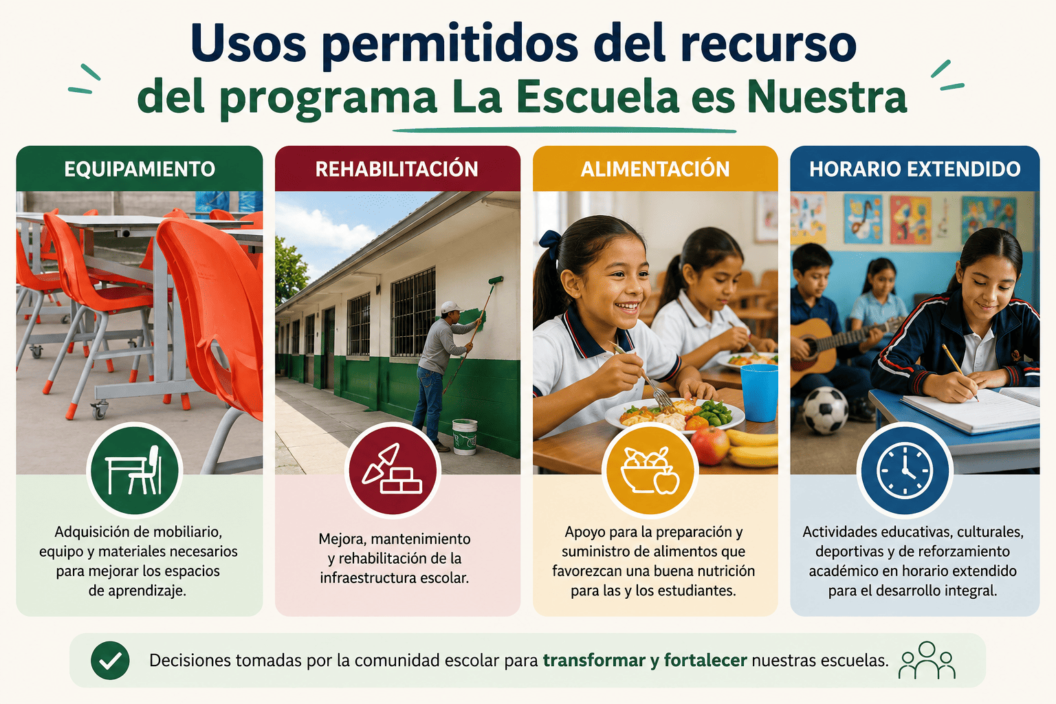 Usos permitidos del recurso del programa La Escuela es Nuestra 2026: equipamiento, rehabilitación, alimentación y horario extendido